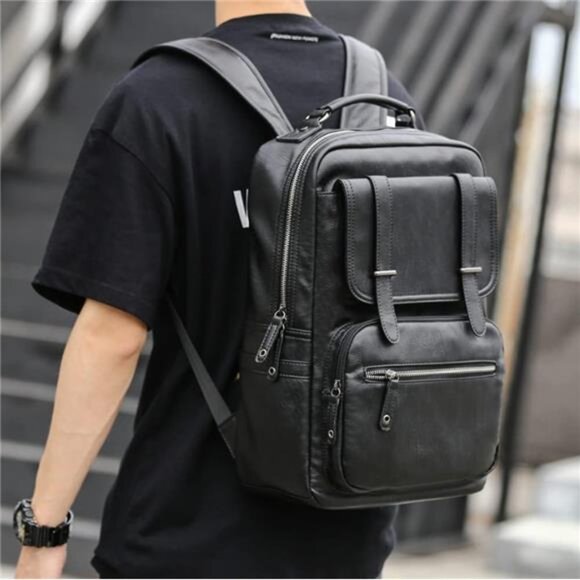 Black Leather Backpack with USB Charging Port - Picture 6 of 7